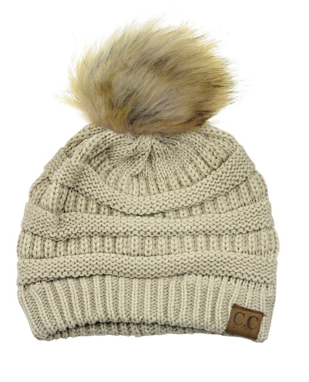 9913 Exclusive Soft Stretch Cable Knit Faux Fur Pom Pom Beanie Hat - Beige
